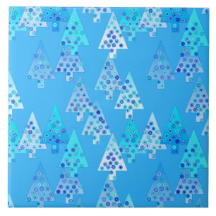 Carreau En Céramique Arbres de Noël à fleurs modernes - bleu ciel