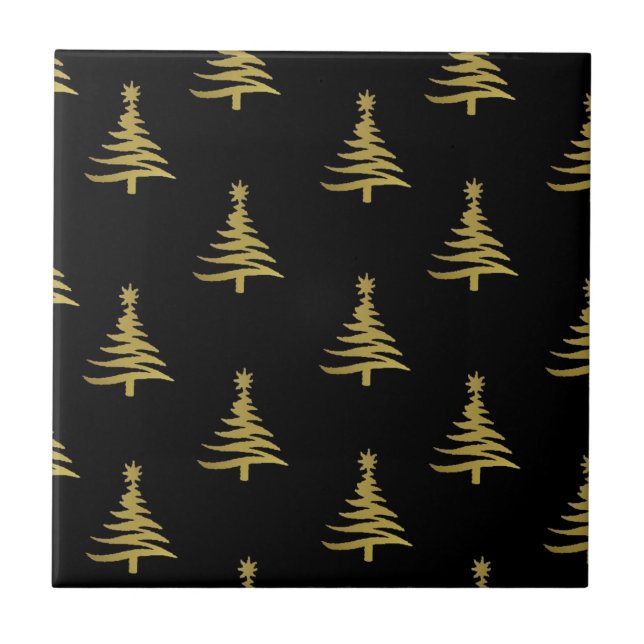 Carreau En Céramique Arbres de Noël en or sur noir (Devant)