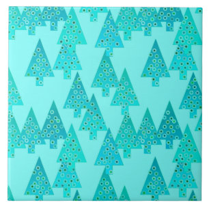 Carreau En Céramique Arbres de Noël modernes de fleur - aqua et paon
