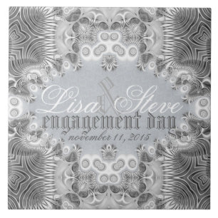 Carreau En Céramique Argent Tribal moderne + Souvenir Fiançailles blanc
