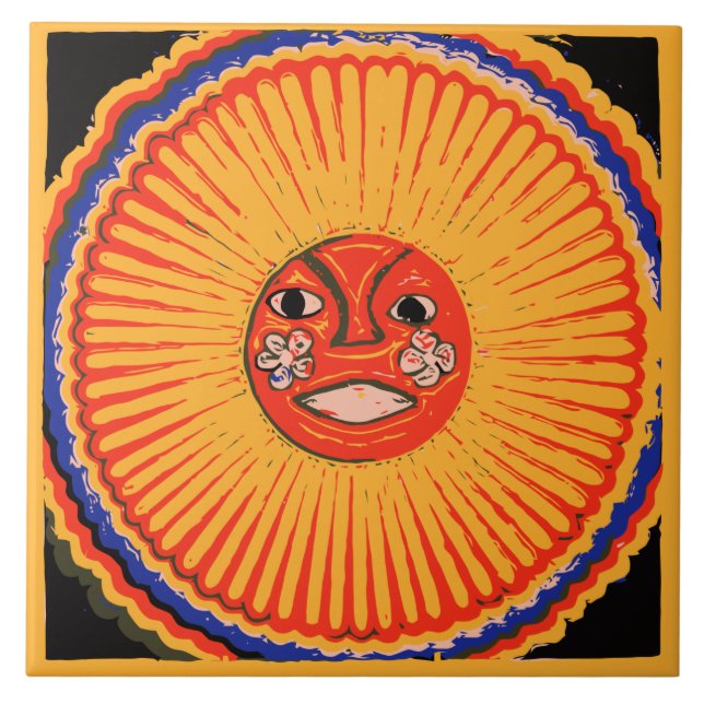 Carreau En Céramique Art de Natif américain de Huichol, le soleil (Devant)