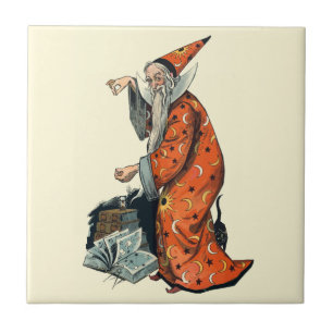 Carreau En Céramique Art d'imaginaire de magicien magique et de chat