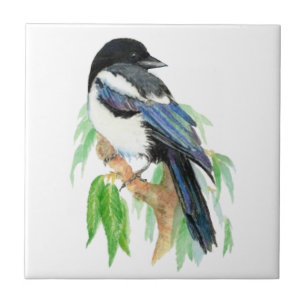Carreau En Céramique Art d'oiseau de jardin de pie d'aquarelle