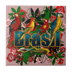Carreau En Céramique Art floral tropical d'oiseaux de forêt tropicale