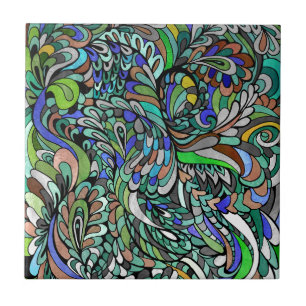 Carreau En Céramique Art génial multicolore de Paisley de paon de vert