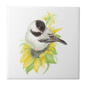Carreau En Céramique Art mignon d'oiseau de tournesol de Chickadee