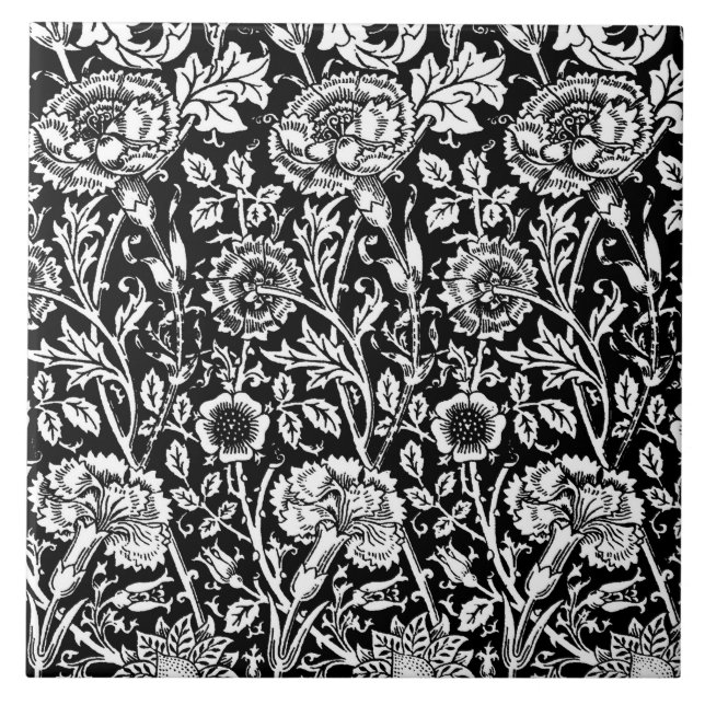 Carreau En Céramique Art nouveau Carnation Damask, noir et blanc (Devant)