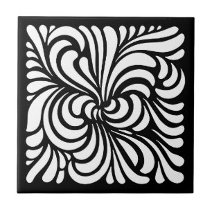 Carreau En Céramique Art Nouveau Feuille stylisé, noir et blanc