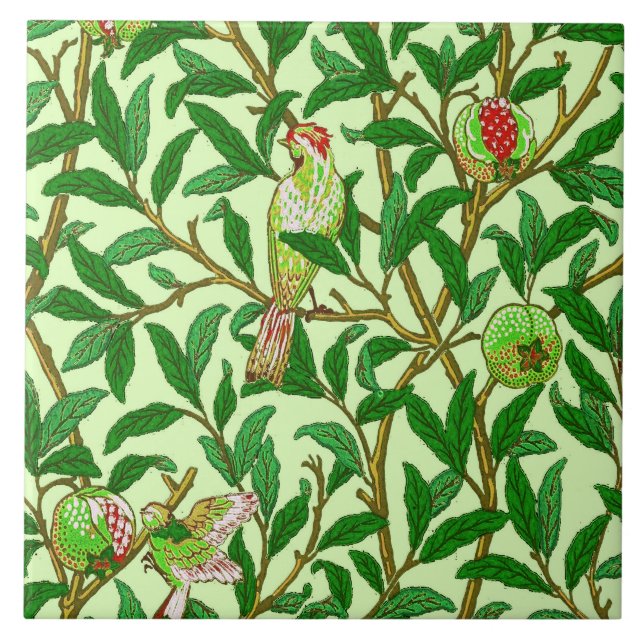 Carreau En Céramique Art nouveau Oiseau et grenade, vert citron (Devant)