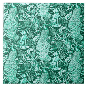 Carreau En Céramique Art Nouveau Peacock Print, Turquoise et Aqua