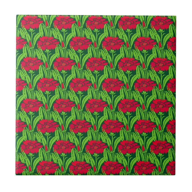 Carreau En Céramique Art Nouveau rouge oeillets damas floral (Devant)