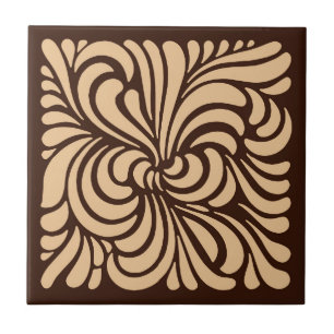 Carreau En Céramique Art Nouveau Stylisé Feuille, Tan et Dark Brown