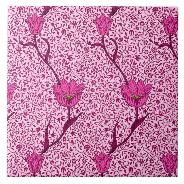 Carreau En Céramique Art Nouveau Tulipe Damas, Vin et Fuchsia Rose (Devant)