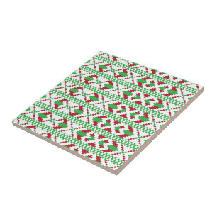 Carreau En Céramique Art populaire ethnique letton vert et rouge tribal