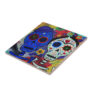 CARREAU EN CÉRAMIQUE ARTISTE MEXICAIN LOVERS DIA DE LOS MUERTOS