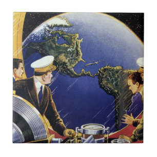 Carreau En Céramique Astronautes de la science-fiction vintage en orbit