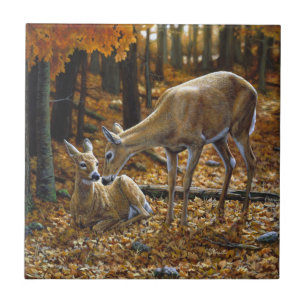 Carreau En Céramique Automne Whitetail Doe et Fawn