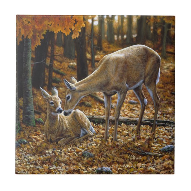 Carreau En Céramique Automne Whitetail Doe et Fawn (Devant)