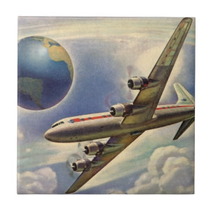 Carreau En Céramique Avion vintage volant autour du monde dans les nuag