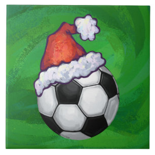 Carreau En Céramique Bal de football Santa Chapeau sur Vert