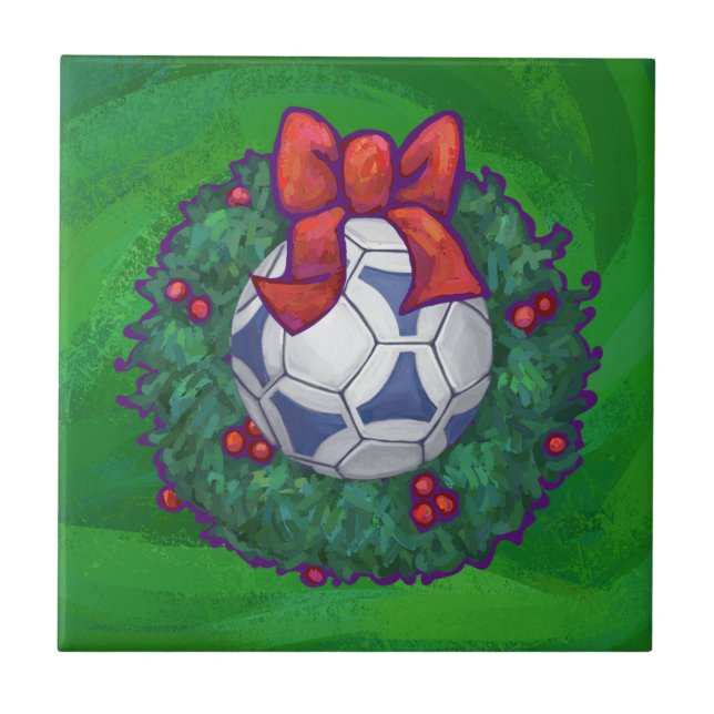 Carreau En Céramique Bal de soccer blanc et bleu sur vert (Devant)