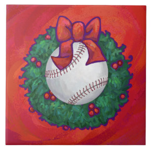 Carreau En Céramique Baseball dans un Couronne sur fond Rouge