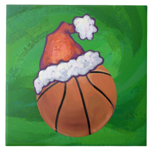 Carreau En Céramique Basket-ball de Santa Hat sur Green