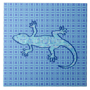 Carreau En Céramique Batik Gecko (Tribal Batik Gecko) bleu denim doux