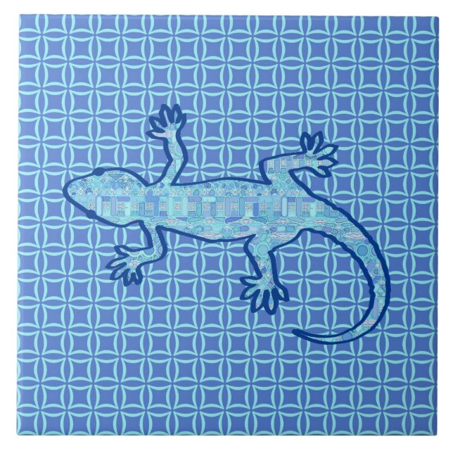 Carreau En Céramique Batik Gecko (Tribal Batik Gecko) bleu denim doux (Devant)