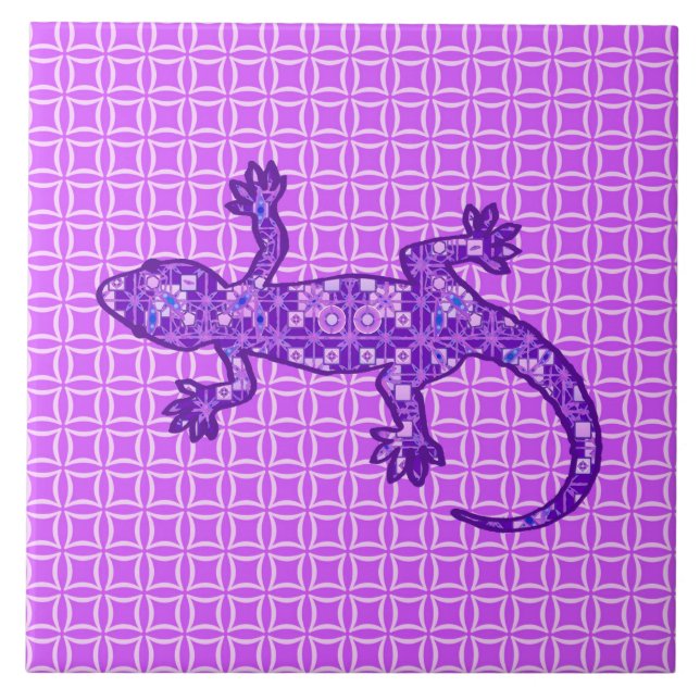Carreau En Céramique Batik Tribal Gecko - violet et améthyste violet (Devant)