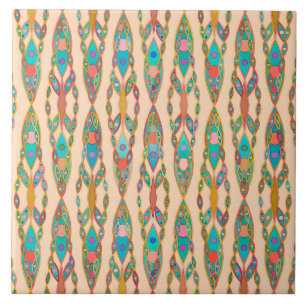 Carreau En Céramique Batik Tribal - Rose Pêche et Turquoise