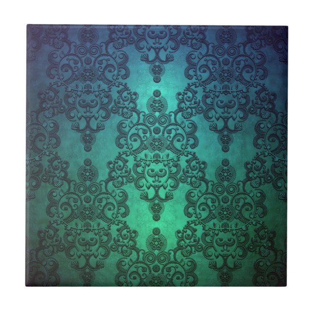 Carreau En Céramique Beau bleu turquoise bleu vert Damask (Devant)