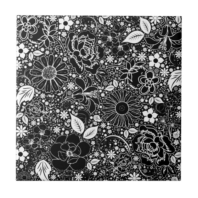 Carreau En Céramique Beautés botaniques Noir et Blanc (Devant)
