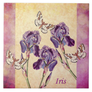 Carreau En Céramique Beaux fleurs et papillon pourpres d'iris
