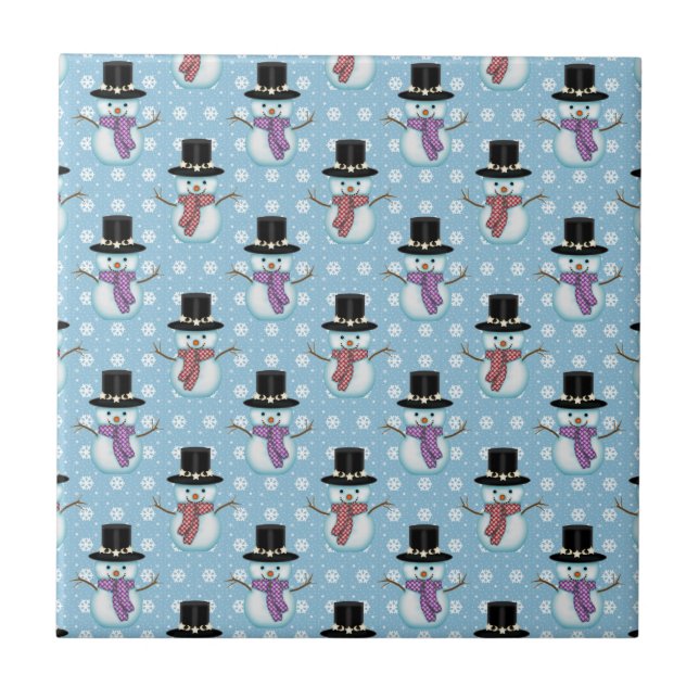 Carreau En Céramique Beaux Snowmen sur Motif bleu pâle (Devant)