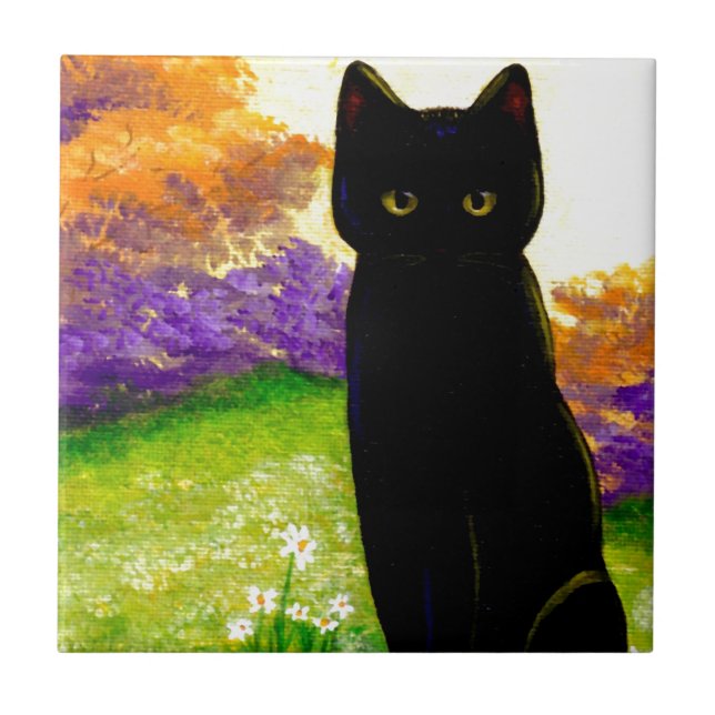 Carreau En Céramique Bel art floral Creationarts de chat noir (Devant)