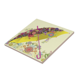 Carreau En Céramique Belle Fleur & Oiseau Parapluie/Parasol