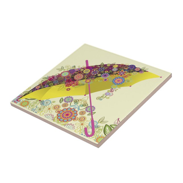 Carreau En Céramique Belle Fleur & Oiseau Parapluie/Parasol (Côté)
