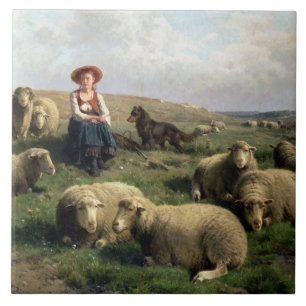 Carreau En Céramique Bergère avec des moutons dans un paysage