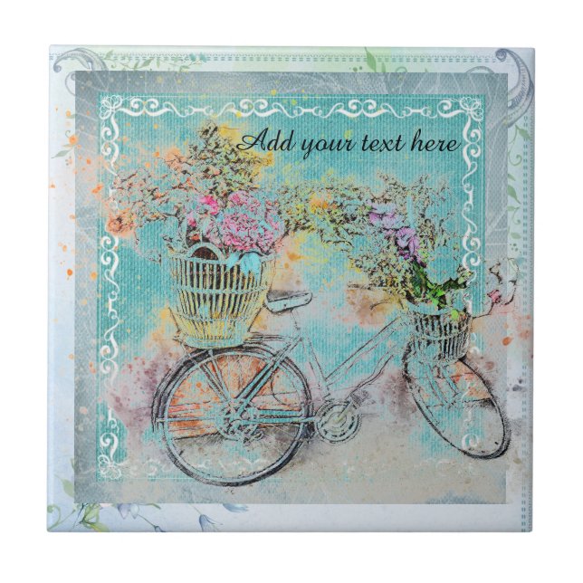 Carreau En Céramique Bicycle with flower baskets on blue burlap (Devant)