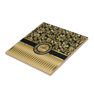Carreau En Céramique Black & Metallic Gold Floral Damas & Stripes