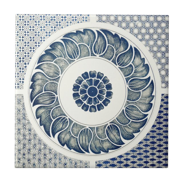 Carreau En Céramique Blanc bleu Floral chinois rond (Devant)
