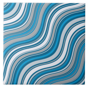 Carreau En Céramique Bleu Abstrait et gris rayures ondulées