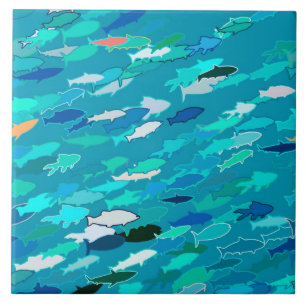 Carreau En Céramique Bleu, blanc, école de turquoise des poissons