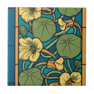 Carreau En Céramique Bleu jaune Nasturtium Fleur Nouveau Motif