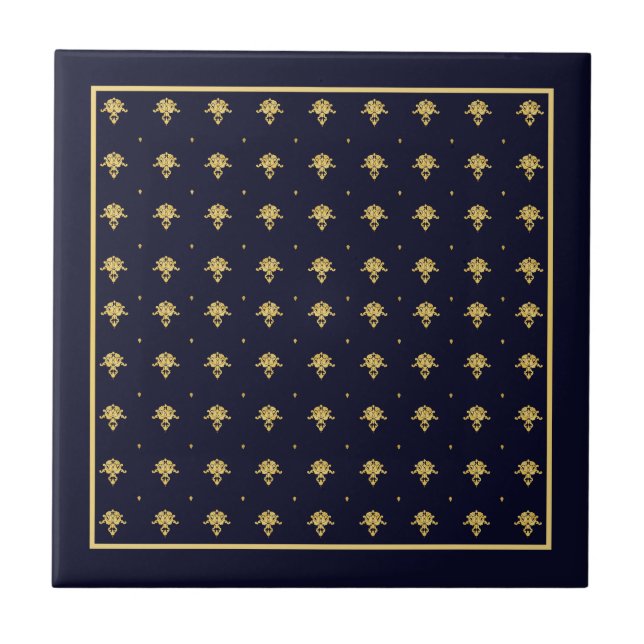 Carreau En Céramique Bleu marine et damassé élégants d'or (Devant)