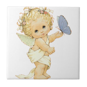 Carreau En Céramique Blonde Angel bébé avec un papillon.