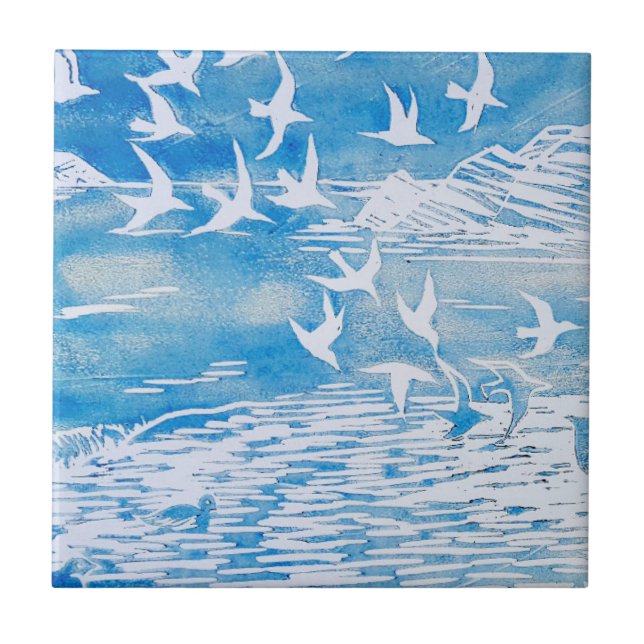 Carreau En Céramique Blue Coast Birds Moderne Aquarelle Art (Devant)