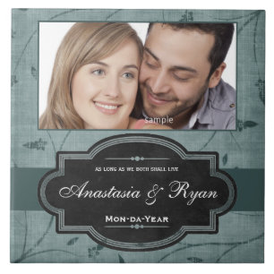 Carreau En Céramique Blue Floral Personnalisé Mariage Photo Keepsaké