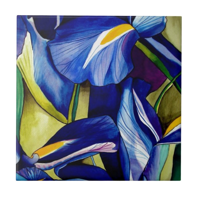 Carreau En Céramique Blue Iris fleurs d'aquarelle d'art (Devant)